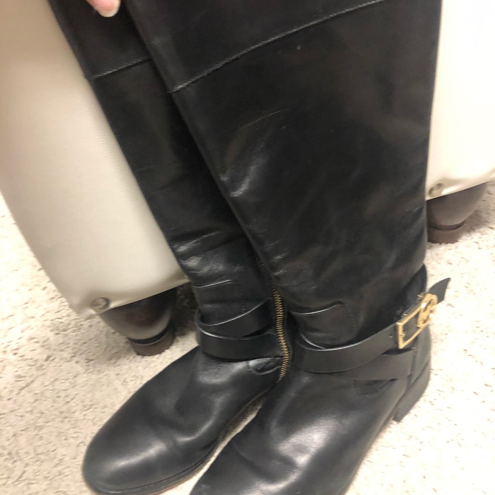 Michael Kors Black Leather Combat Moto Boots with Gold Buckle - Picture 3 of 6